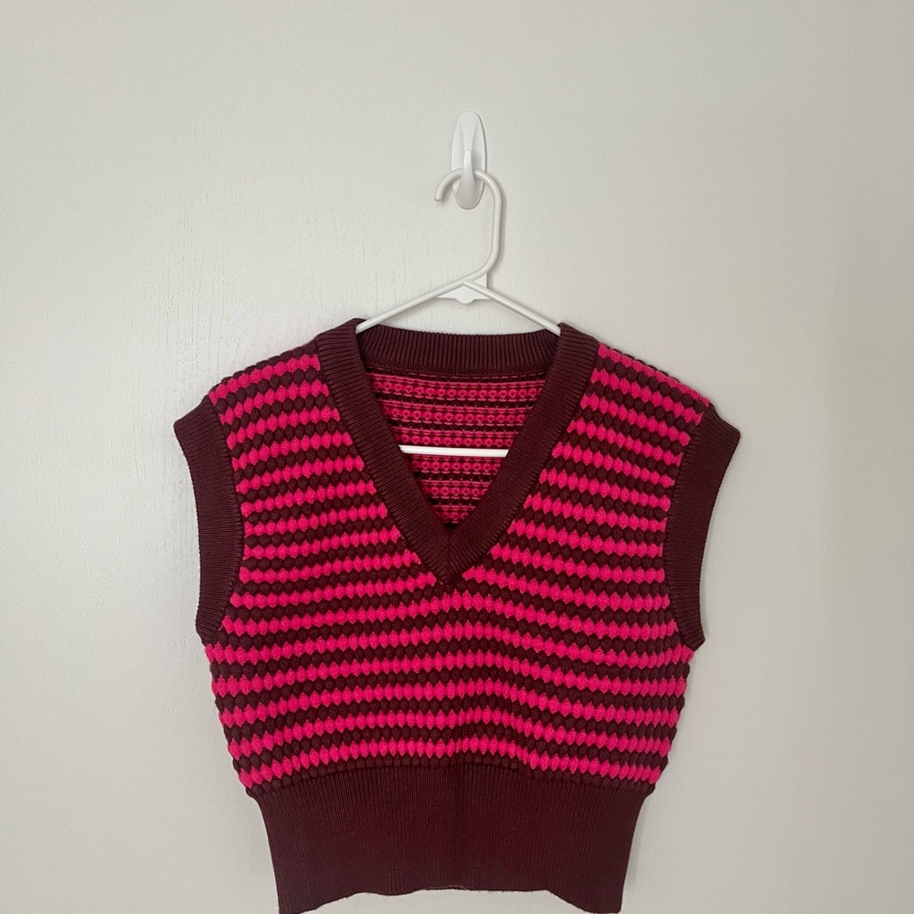 Vibrant Pink and Brown Knit Cropped Vest
